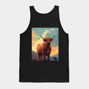 Highland Cattle Sunset Retro Art | Vintage-Inspired Landscape with Scottish Cows Tank Top